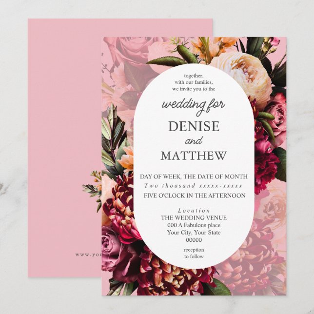 Invitation Chrysanthème romantique sur le rose fleur d'amande (Devant / Derrière)