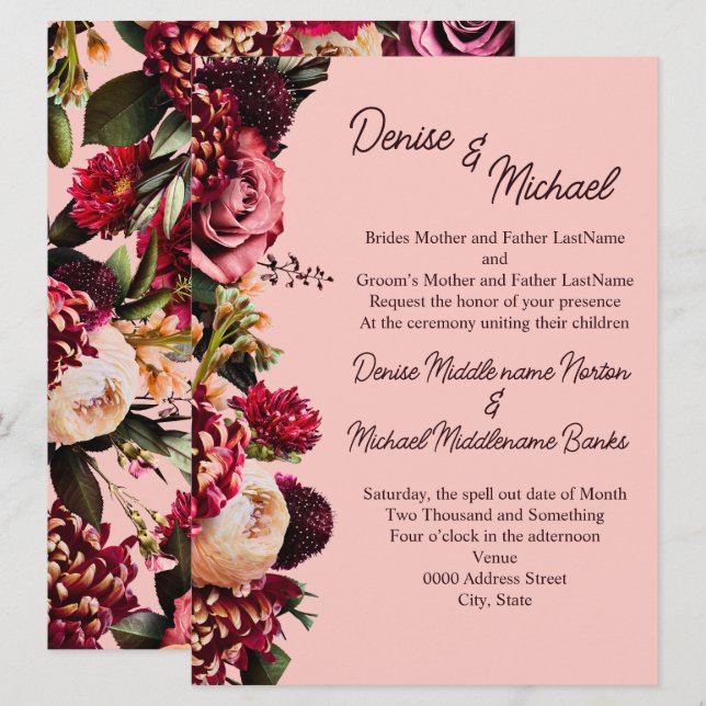 Invitation Chrysanthème romantique sur rose arachnéen (Devant / Derrière)