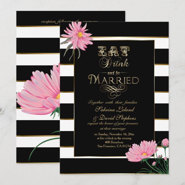 Invitation Chrysanthème rose mariage Blancs noirs (Devant / Derrière)