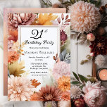 Invitation Chrysanthemums Peonies Floral 21st Birthday Party<br><div class="desc">Elegant chrysanthemums and peonies floral design "21st Birthday Party" featuring a floral frame of mums and peony flowers in burgundy,  burnt orange,  apricot and pink on a white background center panel.  Back design features a multi-layered coordinating colors watercolor background</div>