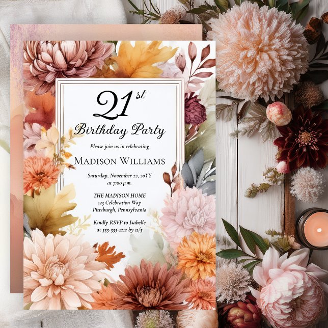 Invitation Chrysanthemums Peonies Floral 21st Birthday Party (Elegant Boho Chrysanthemums and Peonies Floral 21st Birthday Party Invitation - Print | Digital)