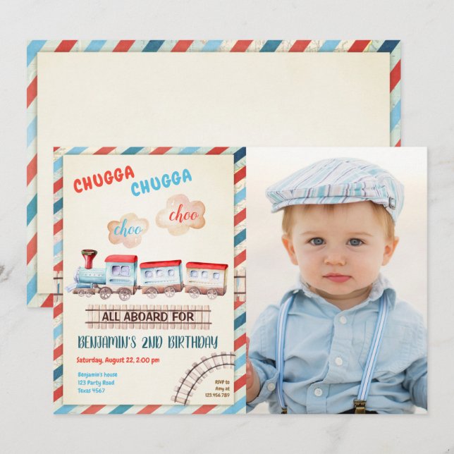 Invitation Chugga Choo Train Vintage Garçon Rouge Bleu Annive (Devant / Derrière)