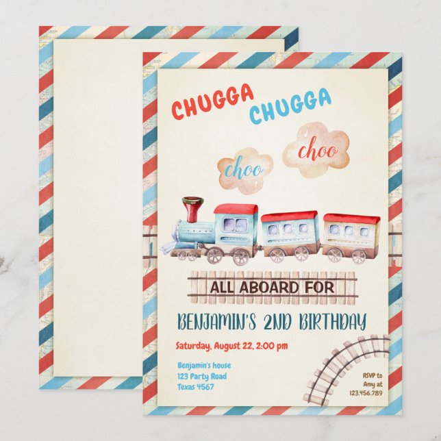 Invitation Chugga Choo Train Vintage Garçon Rouge Bleu Annive (Devant / Derrière)