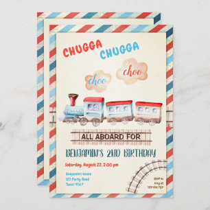 Invitation Chugga Choo Train Vintage Garçon Rouge Bleu Annive
