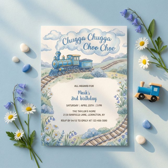 Invitation Chugga Chugga Choo Choo Blue Train Boys Birthday (Watercolor Blue Train Boys Birthday Party Invitation)