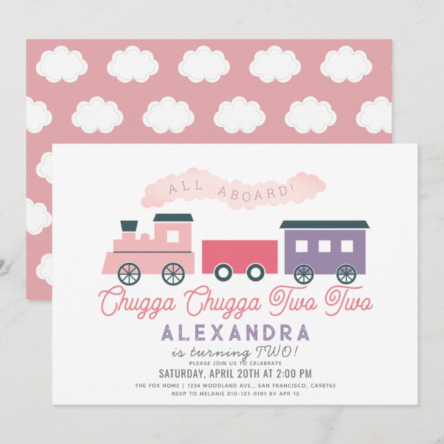Invitation Chugga Chugga Deux Train Rose Girl 2e Anniversaire (Devant / Derrière)