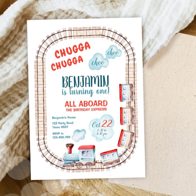 Invitation Chugga Train Choo Boy Red Blue Anniversaire Rails (Créateur téléchargé)
