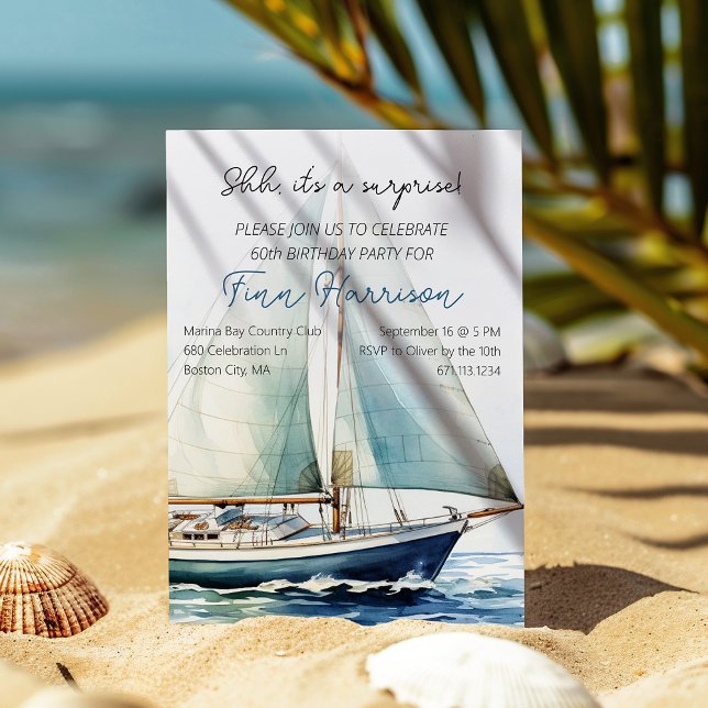 Invitation Chut ! C'est une fête d'anniversaire de 60 ans en  (Shh It's A Surprise Sailboat 60th Birthday Party Invitation)