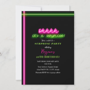 Invitation Chut! C'est une fête surprise Enseigne néon rose e