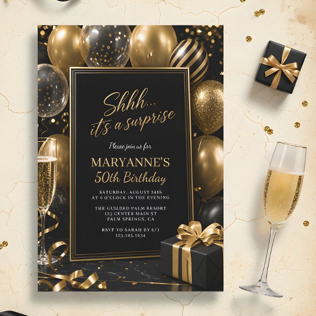 Invitation Chut ! C'est une surprise Anniversaire 50 ans Or N (Créateur téléchargé)