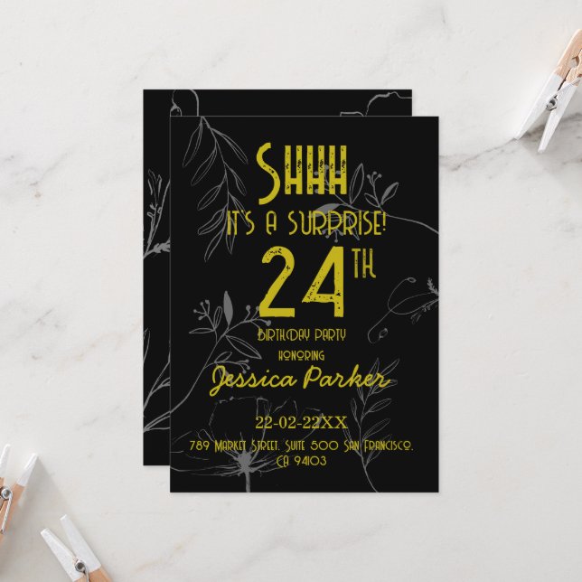 Invitation Chut ! C'est une surprise d'anniversaire noir et o (Devant/Arrière en situation)