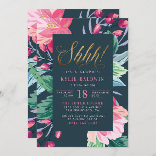 Invitation Chut ! Parties scintillant d'or Script Floral Surp