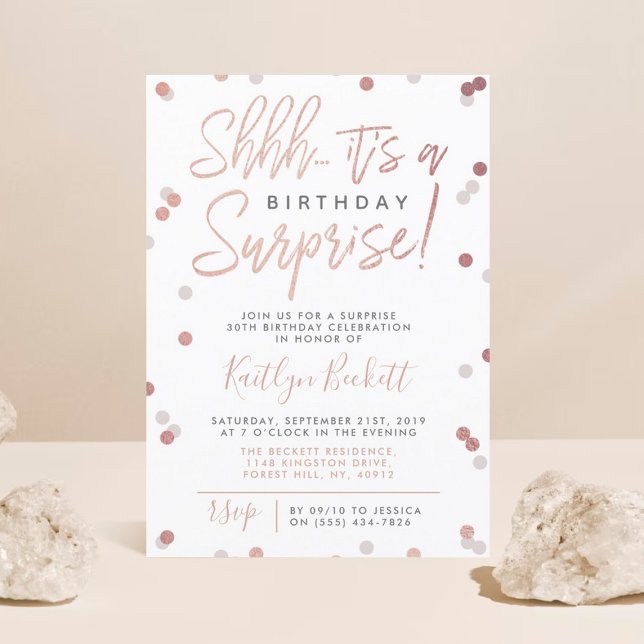 Invitation Chut... Surprise Anniversaire Rose Gold Foil Confe (Créateur téléchargé)