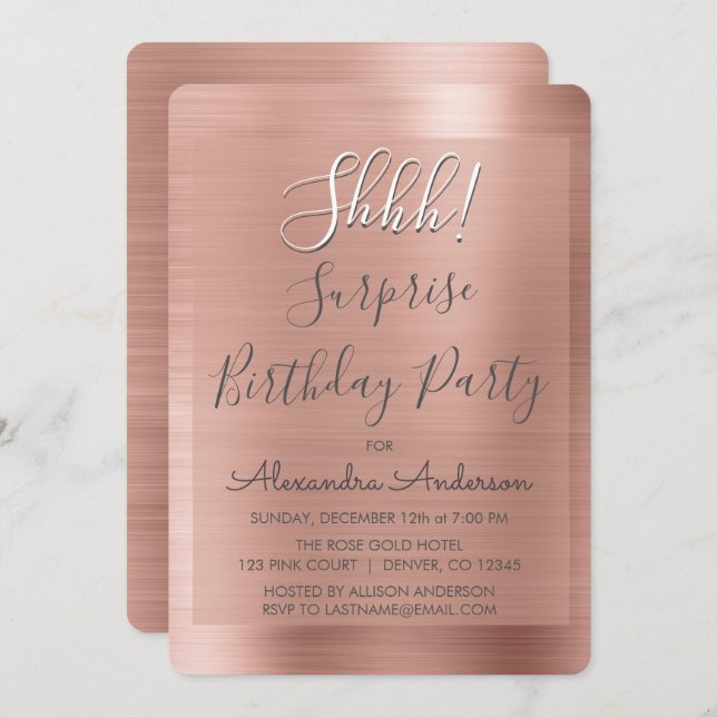 Invitation Chut ! Surprise Rose Gold fête d'anniversaire (Devant / Derrière)