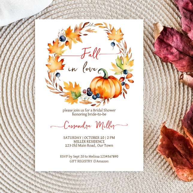 Invitation Chute amoureuse citrouille feuille wreath nuptiale (Fall in love bridal shower template invitation digital download pumpkin maple leaves berries wreath)