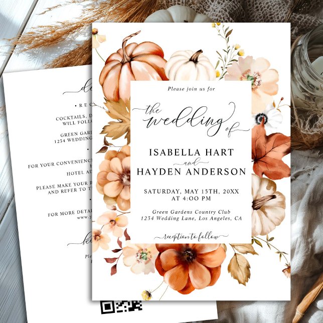 Invitation Chute Beige Rouille Tout en un QR Code Mariage cla (Créateur téléchargé)