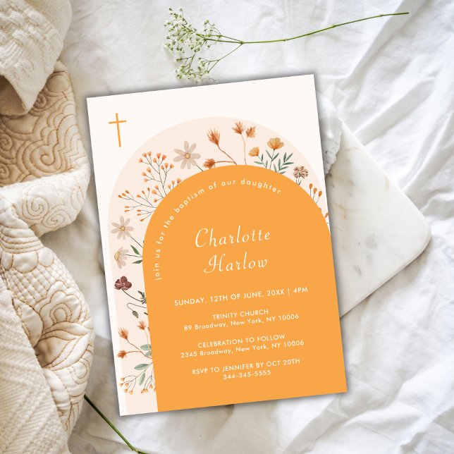 Invitation Chute Boho Floral Fleur sauvage Arc Croix Baptême (Fall Boho Floral Wildflower Arch Cross Baptism Invitation)