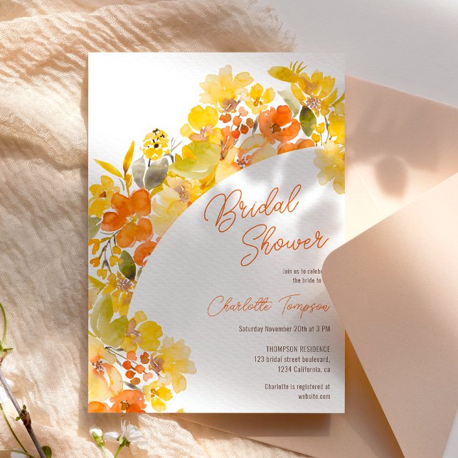 Invitation Chute boho jaune fleurs script douche nuptiale (Fall boho yellow flowers script bridal shower invitation)