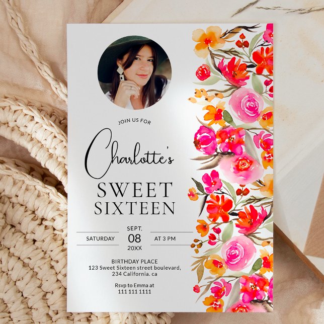 Invitation Chute boho rouge orangé photo florale Sweet 16 (Fall boho red orange floral photo Sweet 16 Invitation)