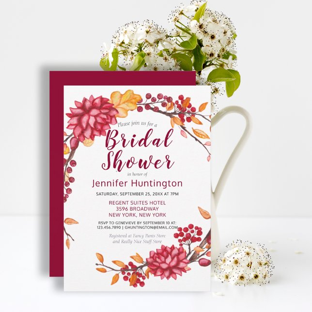 Invitation Chute botanique douce Bourgogne Fête des mariées f (Pretty Burgundy Fall Floral Bridal Shower Invitation
)