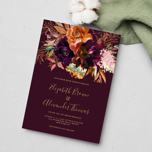Invitation Chute burgundy pêche brun or rose mariage floral r (Fall burgundy peach brown gold pink floral wedding )