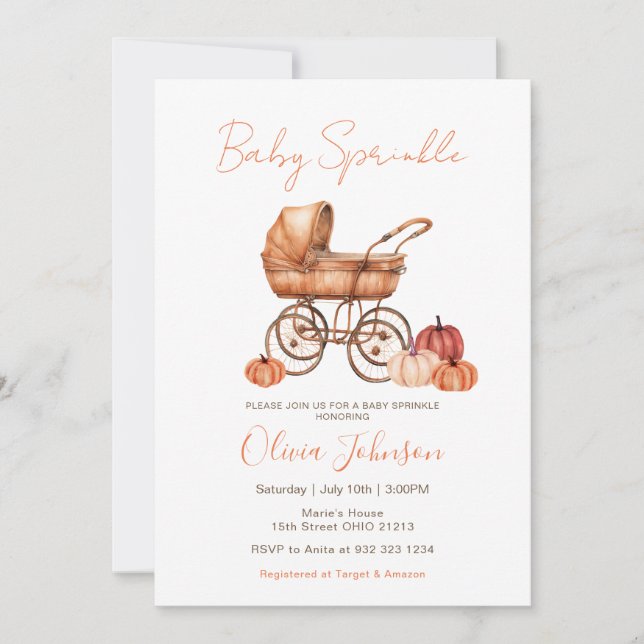 Invitation Chute Citrouille poussette bébé Baby shower d'arro (Devant)