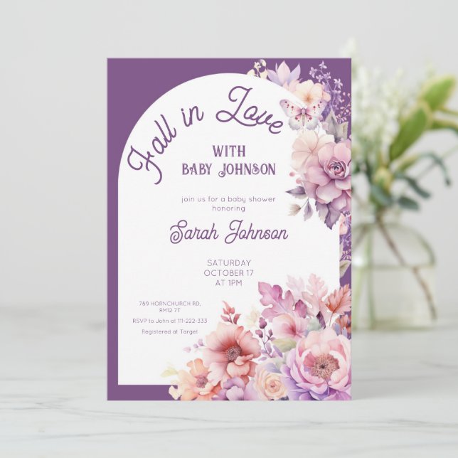 Invitation Chute d'amour automne baby shower fleuri bébé (Debout devant)
