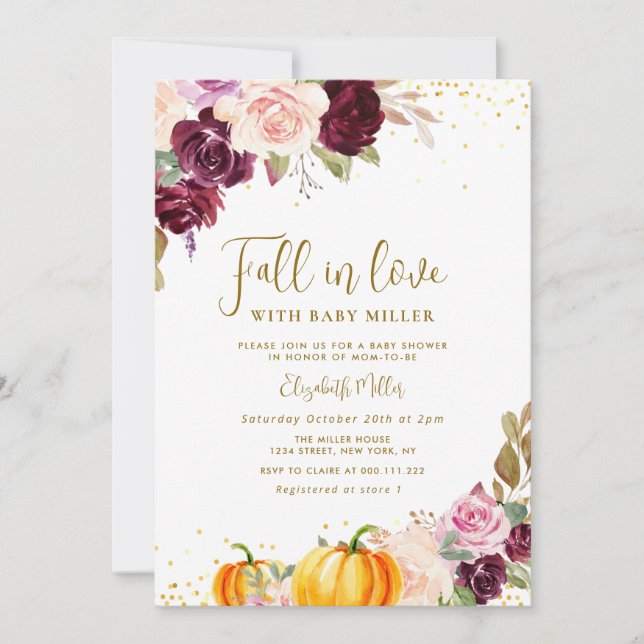 Invitation chute d'amour baby shower floral automne (Devant)