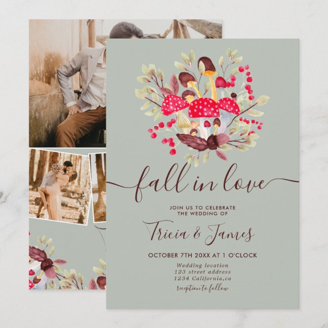 Invitation Chute d'amour champignons vert rustique mariage ph (Devant / Derrière)