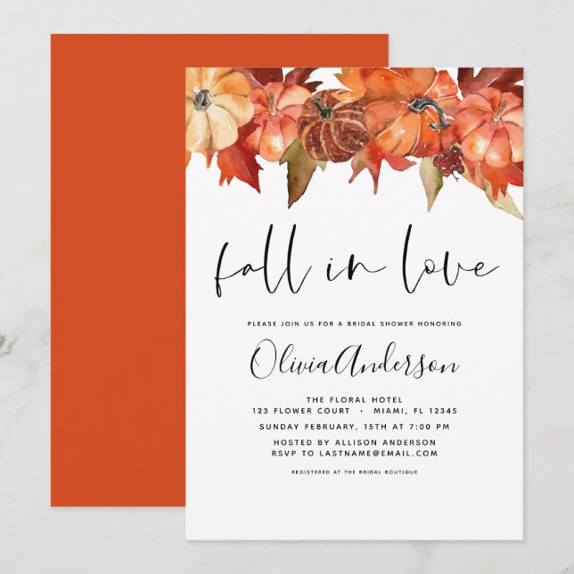 Invitation Chute d'amour Fête des mariées Citrouilles brûlés  (Devant / Derrière)