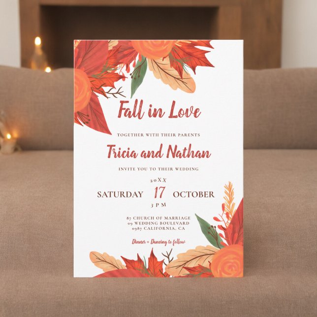 Invitation Chute d'amour orange rouge typographie mariage (Fall in love orange red floral typography wedding invitation)