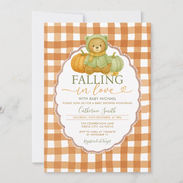 Invitation Chute d'amour Ours Citrouille Baby shower En vichy (Devant)