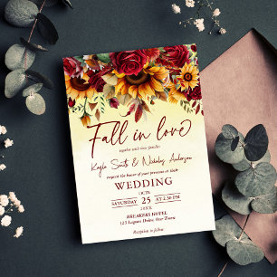 Invitation Chute d'amour rose bordeaux tournesols mariage
