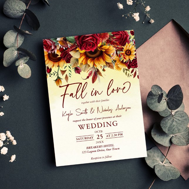 Invitation Chute d'amour rose bordeaux tournesols mariage (Fall in love burgundy roses sunflowers wedding invitation editable template instant download)