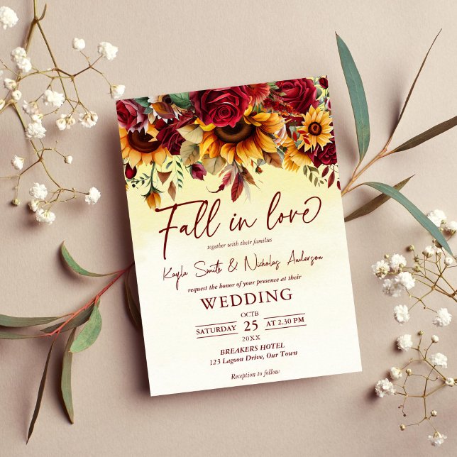 Invitation Chute d'amour rose bordeaux tournesols mariage (Fall in love autumn fall wedding invitation template watercolor burgundy roses sunflowers foliage)