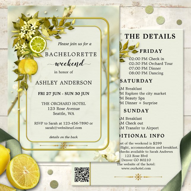 Invitation Chute d'eau citron verrier Bachelorette Week-end (Bachelorette weekend itinerary invite showing watercolor citrus fruits and green leaves with flowers)