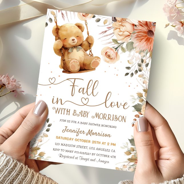 Invitation Chute en amour Baby shower Teddy Bear Automne Auto (Créateur téléchargé)
