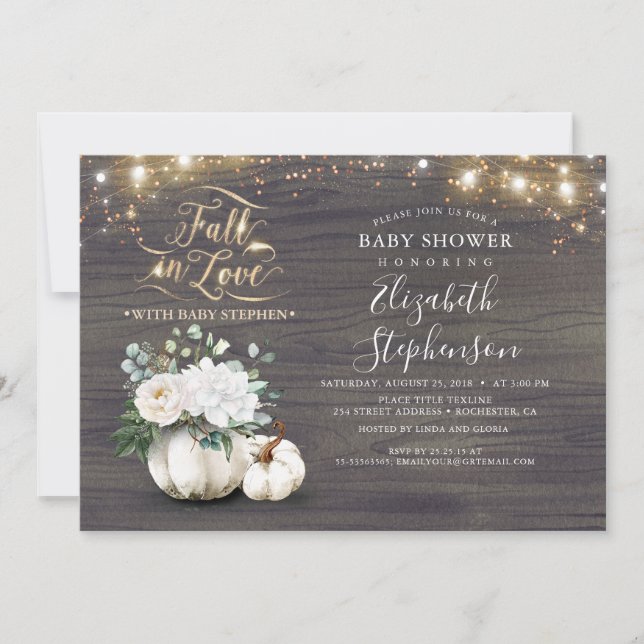 Invitation Chute en Amour Blanc Citrouille Baby shower rustiq (Devant)
