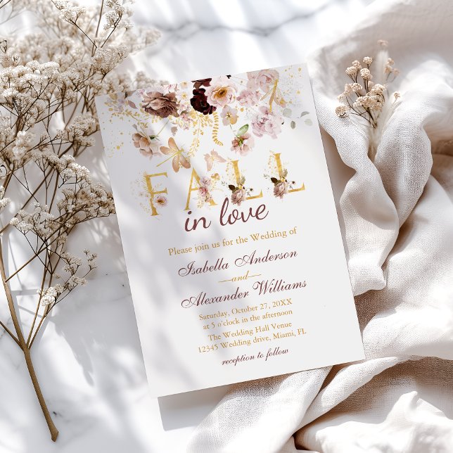 Invitation Chute en Amour Blush Peony & Gold Burgundy Mariage (Créateur téléchargé)