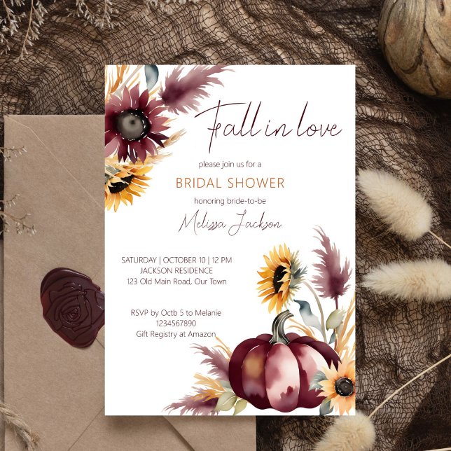 Invitation Chute en amour boho citrouille tournesol douche nu (Fall in love boho bridal shower template invitation digital download burgundy pumpkins sunflowers)