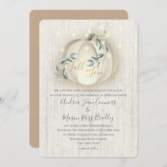 Invitation Chute en amour Citrouille blanc et lumières Mariag (Devant / Derrière)