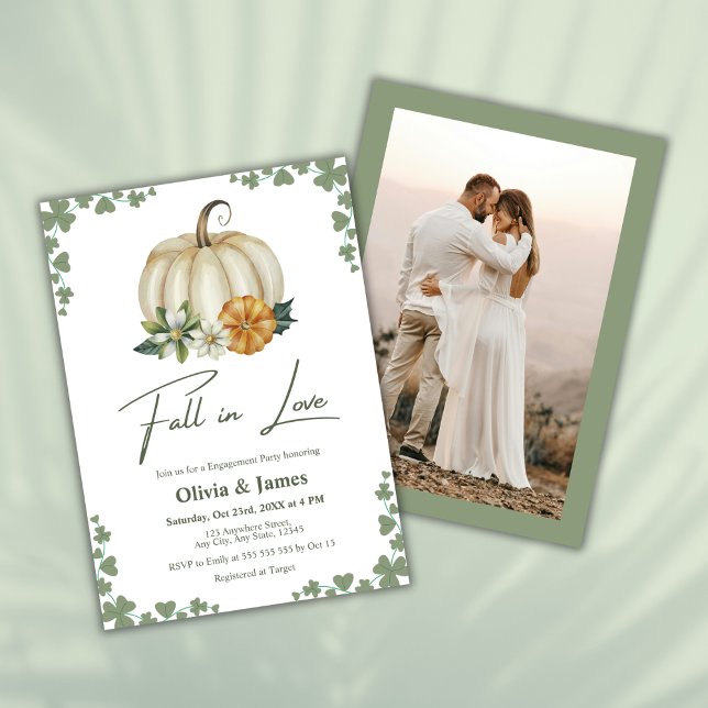 Invitation Chute en amour Citrouille Sage Green Engagement (Fall in Love Pumpkin Sage Green Engagement Party Invitation  )