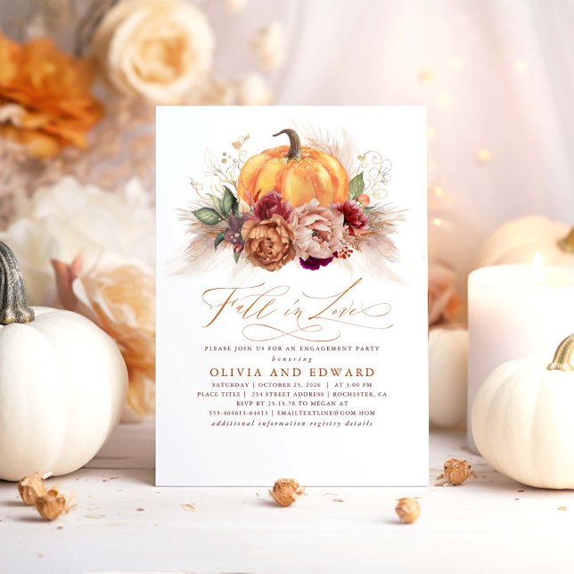 Invitation Chute en amour Engagement Citrouille Fleurs de rou (Fall In Love Orange Pumpkin and Rustic Blooms Engagement Party Invitations)