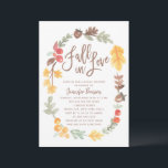 Invitation Chute en amour Fête des mariées d'automne<br><div class="desc">Invitation nuptiale d'automne moderne encadrée par notre couronne d'aquarelle peinte à la main avec un thème automnal. Texte dit "Fall in Love" dans la chic machine lettrée type brosse script typographie. Ceci est livré avec un design motif assorti sur le dos pour une touche spéciale supplémentaire.</div>