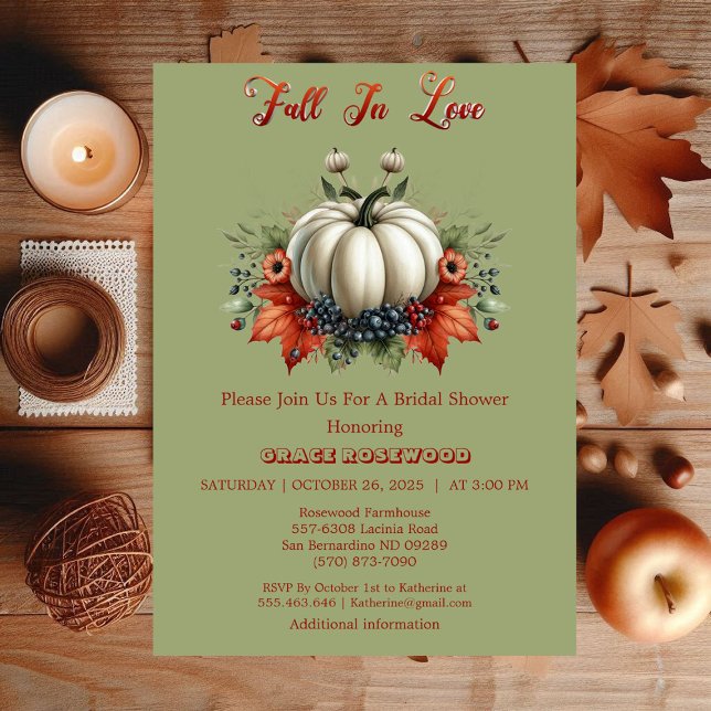 Invitation Chute en amour Fête des mariées verte de la forêt  (Fall In Love Pumpkins Forest Green Bridal Shower Invitation)