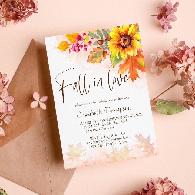 Invitation Chute en amour feuillage automne nuptiale douche i (Fall in love autumn foliage watercolor sunflower bridal shower invitation template instant download)