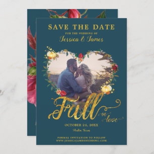 Invitation Chute en amour Gold Burgundy Floral Sauvez la date