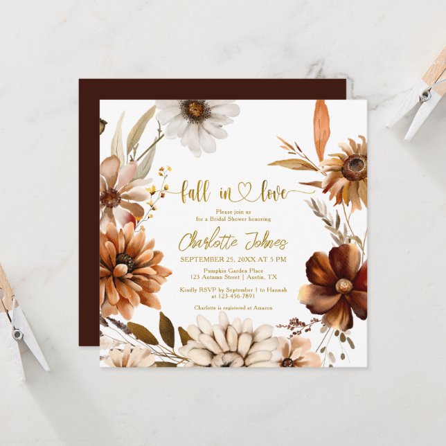 Invitation Chute En Amour Gold Foil Boho Fête des mariées Flo (Devant/Arrière en situation)
