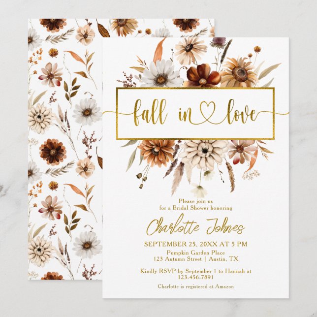 Invitation Chute en amour Gold Foil Neutral Boho Fête des mar (Devant / Derrière)