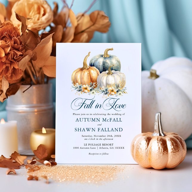 Invitation Chute en Amour Mariage Or Bleu Citrouille Automne (Fall in Love Wedding Gold Blue Pumpkins Autumn Invitation)